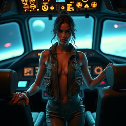 AI-generated photo: Photorealistic editorial portrait photography inside a dimly lit, decommissioned spacecraft cockpit ...