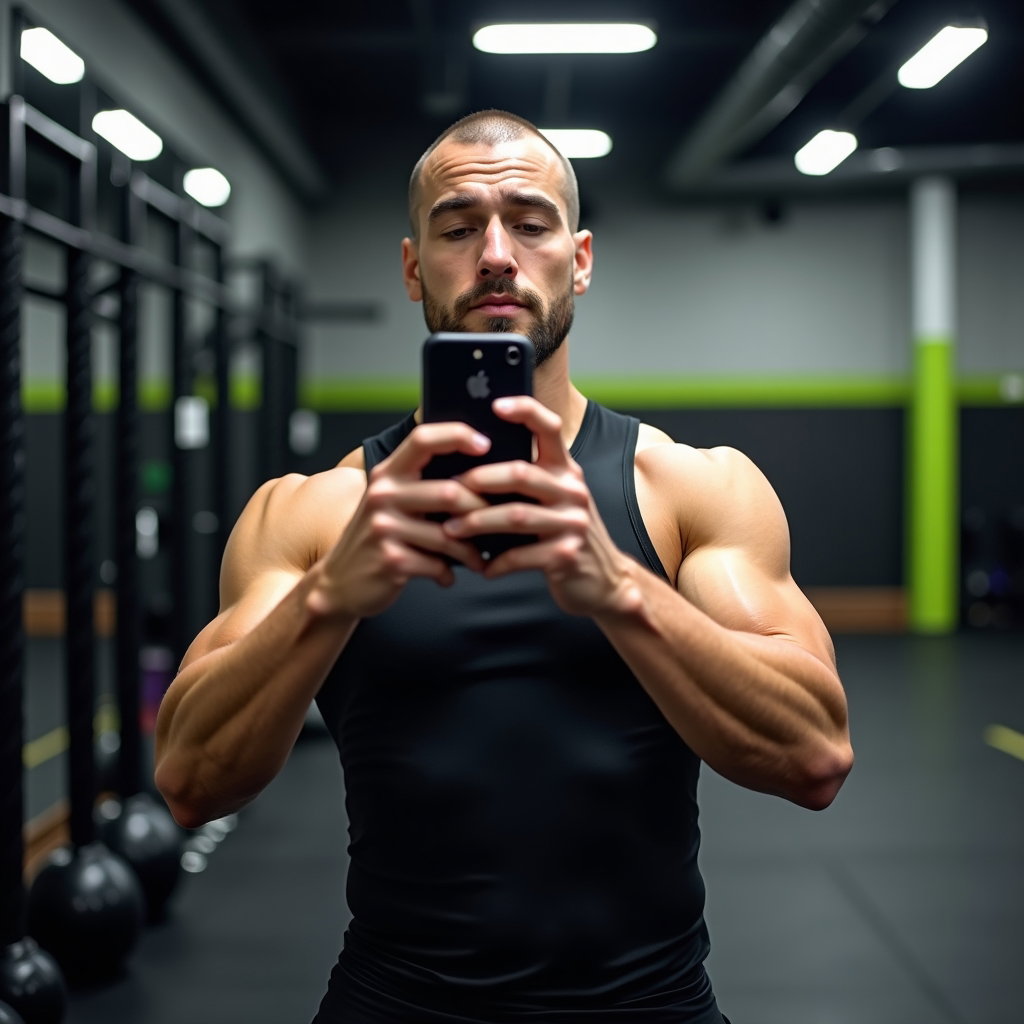 AI-generated photo: Photorealistic fitness photography of a waist-up mirror pump selfie in the turf-and-kettlebell zone,...