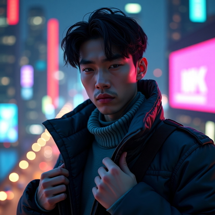 AI-generated photo: Cinematic 3D poster render showing a three‑quarter close‑up on a rooftop helipad at night, the city ...