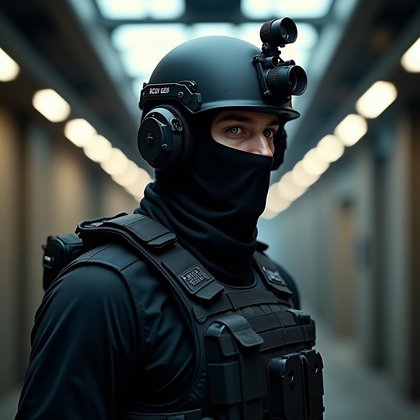 AI-generated photo: Photorealistic editorial-style tactical portrait photography, special operations figure in sleek mod...