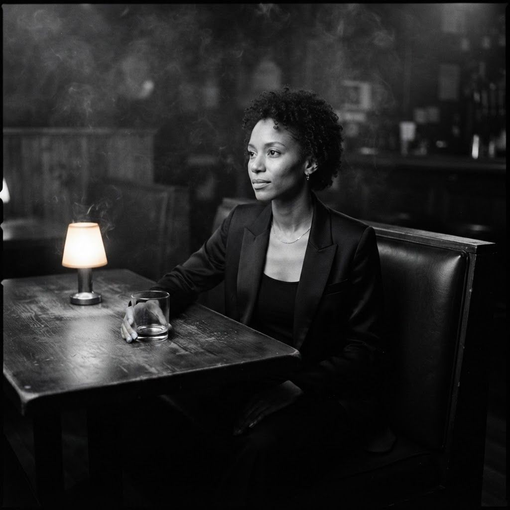 Smoky Bar Booth: Black-and-white seated solo portrait in a smoky bar booth, framed waist-up from across the table.
