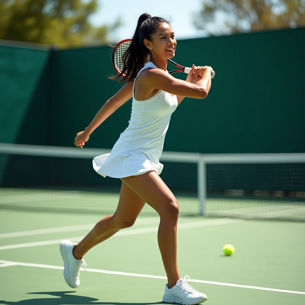 Confident Racket-Over-Shoulder Hero Portraits example: Photorealistic motion portrait photography. Capture the subject mid-walk across the court after a match, racket resting