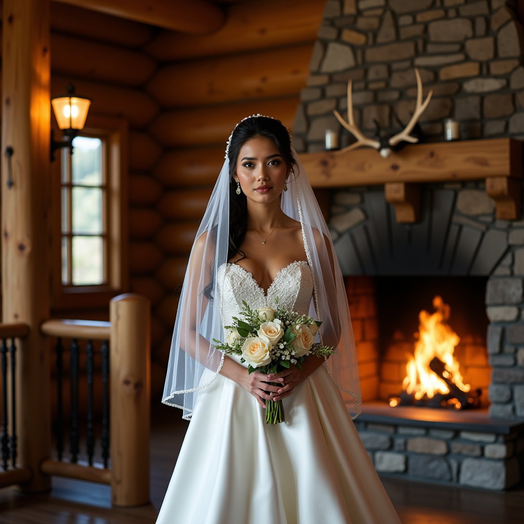 AI-generated photo: Photorealistic wedding photography. Inside a mountain lodge foyer, a monumental timber staircase ris...