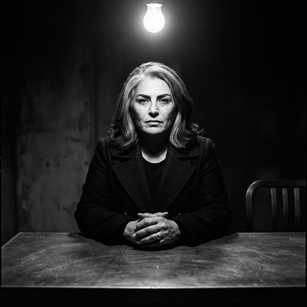 Interrogation Lamp: Centered seated portrait in a sparse interrogation setup, one visible person wearing a structured dark coat, clasped hands placed calmly on…