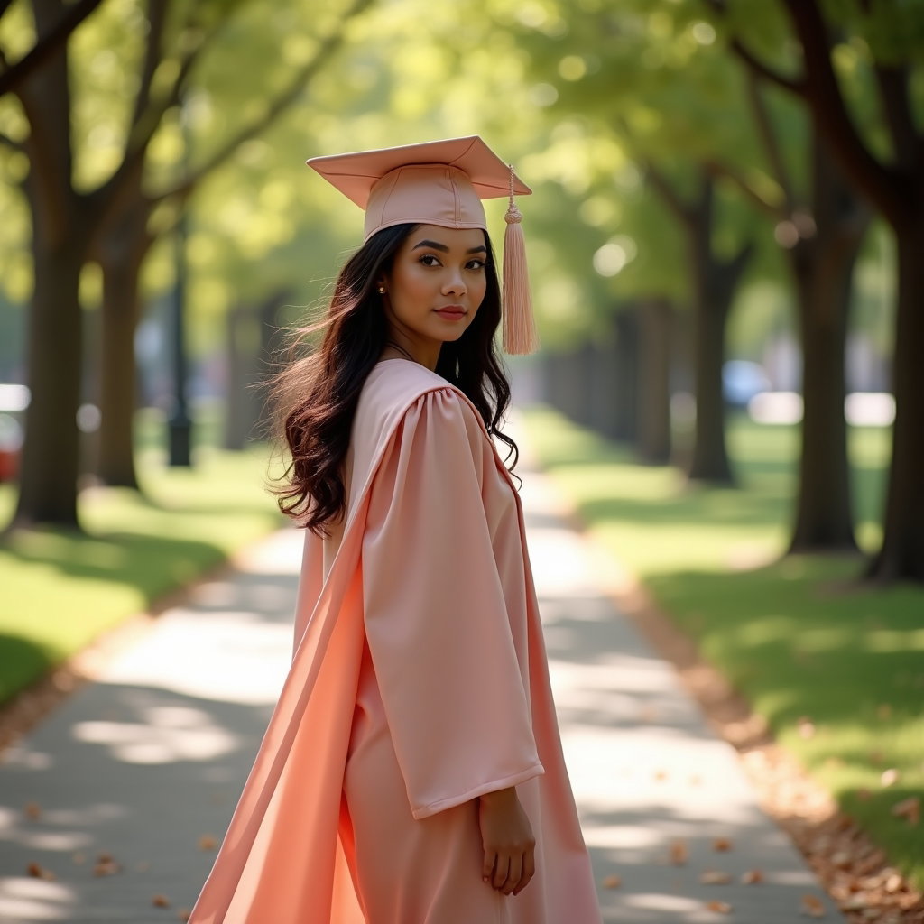 AI-generated photo: Professional fashion portrait photo, a dreamy over-the-shoulder graduation portrait set along a tree...