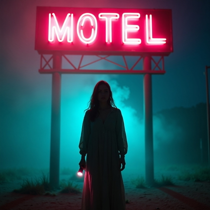 Retro VHS Slasher Poster Portrait example: Retro VHS horror movie poster portrait. Editorial hero image with the subject centered against a towering abandoned mote