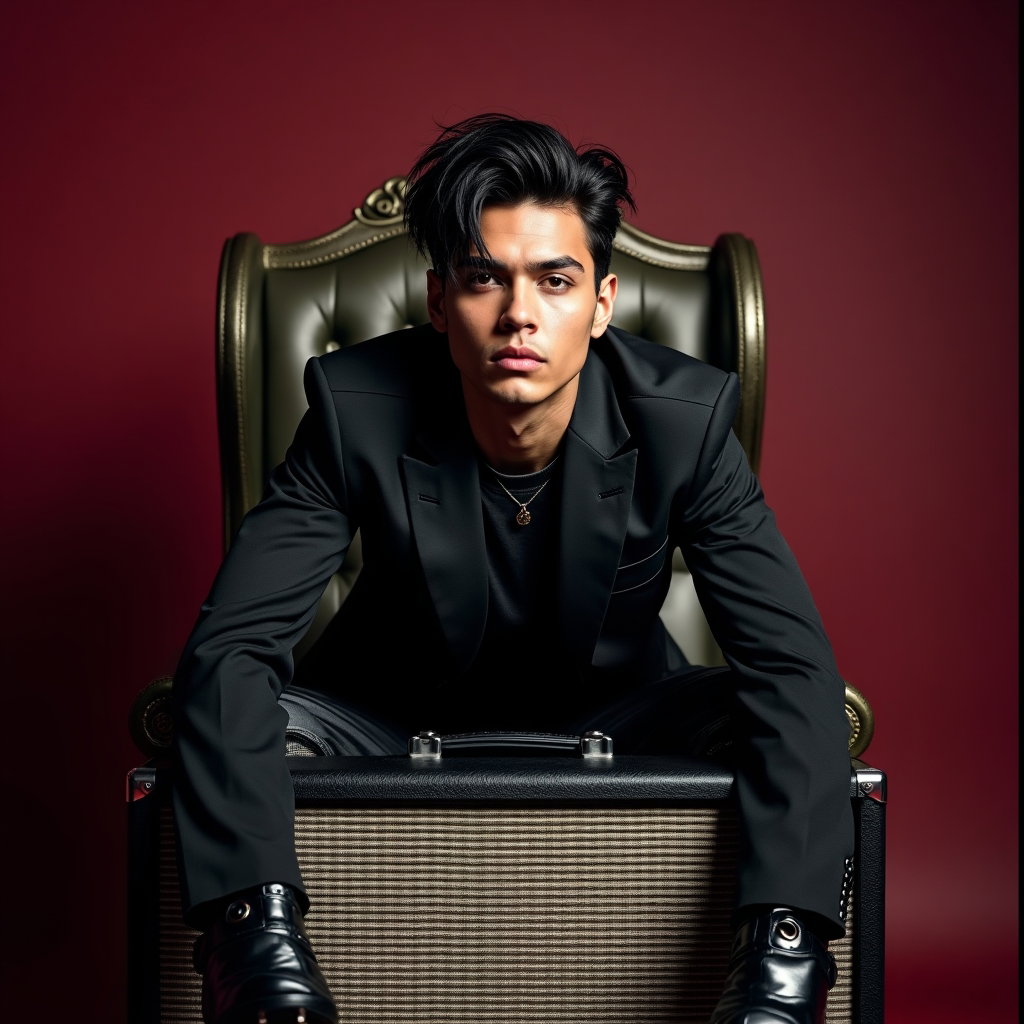 Rebellious Rock-Pop Album Cover Portraits example: Photorealistic editorial hero album cover portrait, centered symmetrical composition with the subject seated on a batter