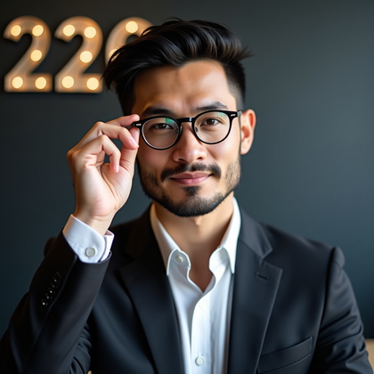 AI-generated photo: Professional headshot: Tight head-and-shoulders crop in front of a matte charcoal brand wall with su...