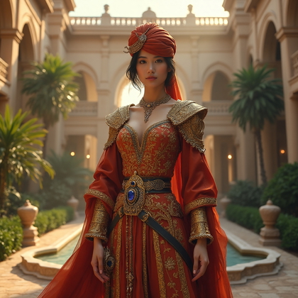 AI-generated photo: High-Impact Hero photo depicting a character in a royal Arabian knight costume. The attire includes ...