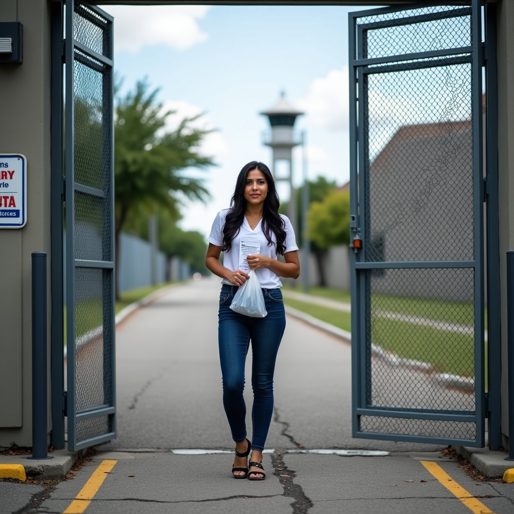 AI-generated photo: Photorealistic, slightly stylized portrait photograph taken at eye level just outside the prison’s m...