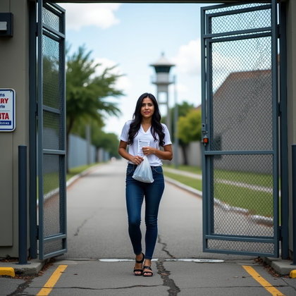AI-generated photo: Photorealistic, slightly stylized portrait photograph taken at eye level just outside the prison’s m...