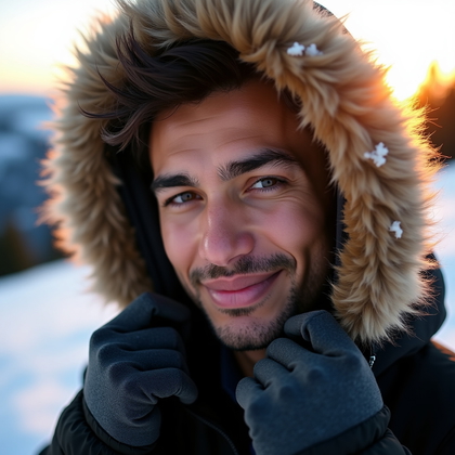 AI-generated photo: Photorealistic winter dating portrait. Sunrise rim light skims across drifting snow and kisses the f...