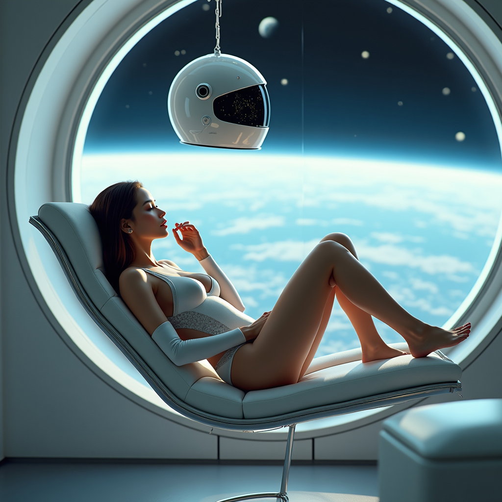 AI-generated photo: Photorealistic boudoir-style sci-fi portrait photography of a person reclining in a zero-gravity lou...