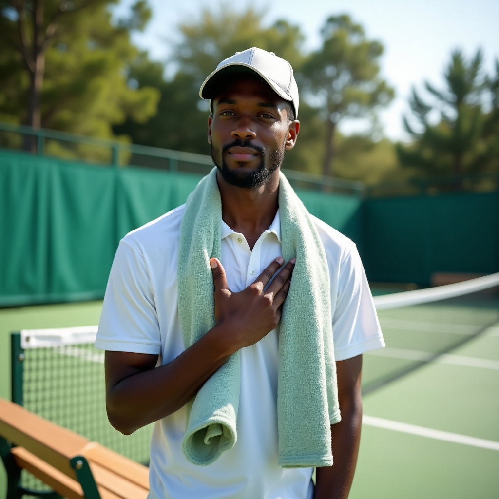 Close-Up Tenniscore Beauty Portraits With Visor or Cap example: Photorealistic lifestyle portrait photography. Half-body portrait beside a tennis court bench, wearing a structured cap,