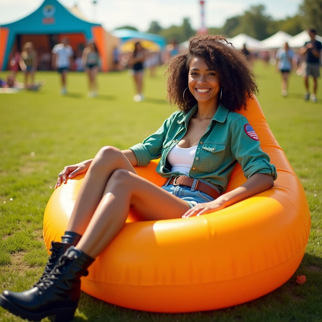 Relaxed Grass Lounge Portrait example: Photorealistic festival full-body portrait photography. A full-body portrait of the person nestled in a bright inflatabl