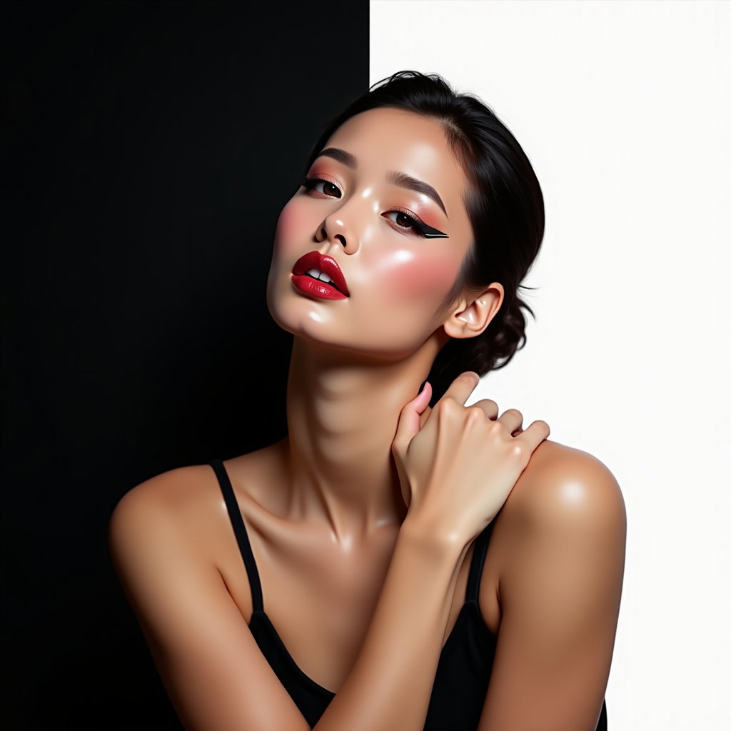 AI-generated photo: Photorealistic high-end beauty portrait, waist-up composition of a stylish subject wearing graphic, ...