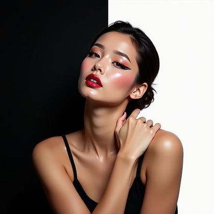 AI-generated photo: Photorealistic high-end beauty portrait, waist-up composition of a stylish subject wearing graphic, ...