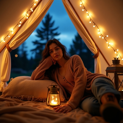 Photorealistic lifestyle selfie photo inside a canvas bell tent at blue hour, strings of warm fairy lights and a brass camp lantern pooling gold on layered wool blankets while pine silhouettes and a cobalt sky peek through the tent flap; arm’s-length portrait from a semi-reclined pose on one elbow with a relaxed S-curve through the torso, chin tucked just enough to emphasize eyes, expression soft and alluring. The phone is angled slightly above centerline to slim the perspective while keeping the face crisp and dominant, with bokeh sparkles from the lights forming a romantic constellation behind. Wardrobe leans cozy-chic—soft knit top, unstructured jacket, and rugged boots nearby for story context—kept tidy to feel intentional rather than messy. Breathy cool air adds a faint haze at the opening, deepening mood without obscuring clarity.
