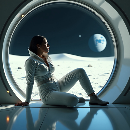 AI-generated photo: Cinematic photorealistic portrait photography, a contemplative loneliness portrait set inside a moon...