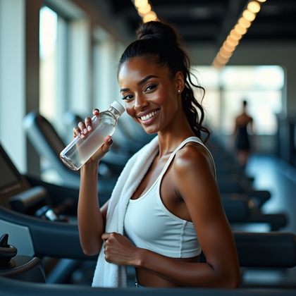 AI-generated photo: Photorealistic gym lifestyle photograph: paused on a treadmill’s side rails, a white towel draped ca...