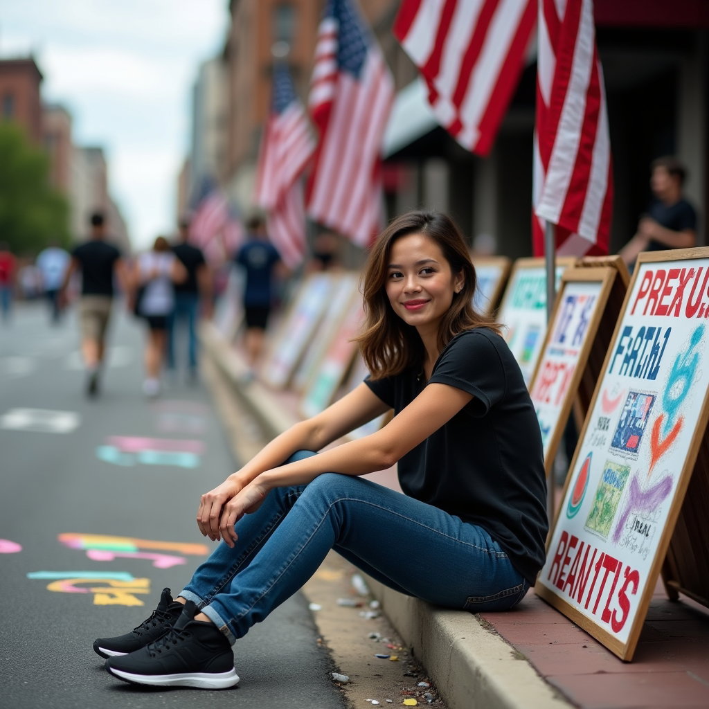 Solo Pride Parade Street Portraits example: Photorealistic environmental portrait photography. Solo subject seated on the curb beside parade route decorations, look