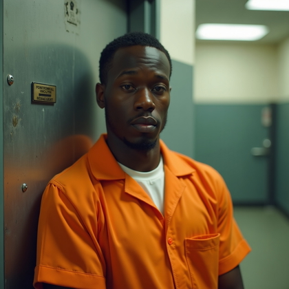 AI-generated photo: Photorealistic booking-room documentary photograph of an orange jumpsuit identity shot taken from a ...