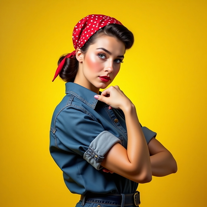 AI-generated photo: Photorealistic 1940s-inspired fashion portrait photography: waist-up power pose against a bold poste...