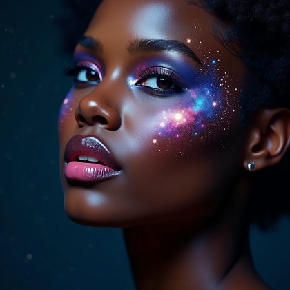 AI-generated photo: Photorealistic cosmic beauty photography. Close-up face shot with the subject tilting their chin sli...