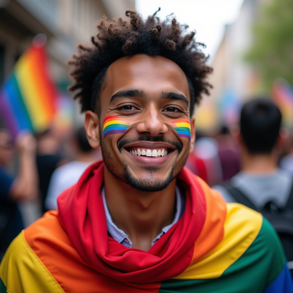 Solo Pride Parade Street Portraits example: Photorealistic street portrait photography. Tight close-up of a solo subject facing the viewer with a warm, confident sm