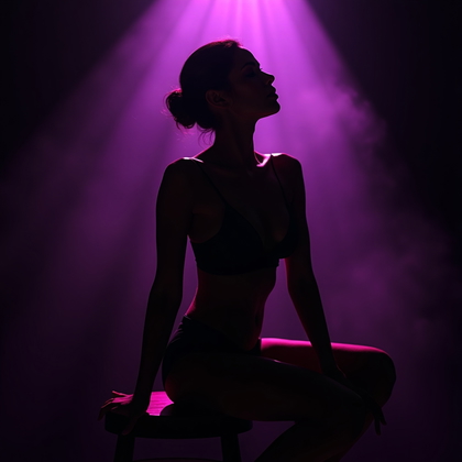 AI-generated photo: Photorealistic studio portrait photography. Intimate seated semi-silhouette portrait, framed from mi...