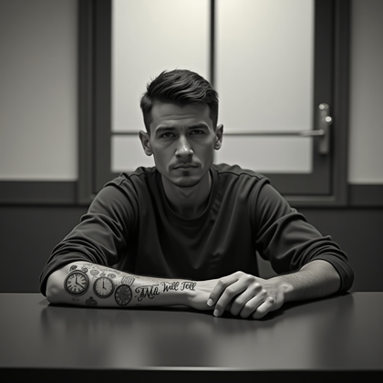 AI-generated photo: Photorealistic prison portrait photograph, the person seated in a small legal consultation room at a...