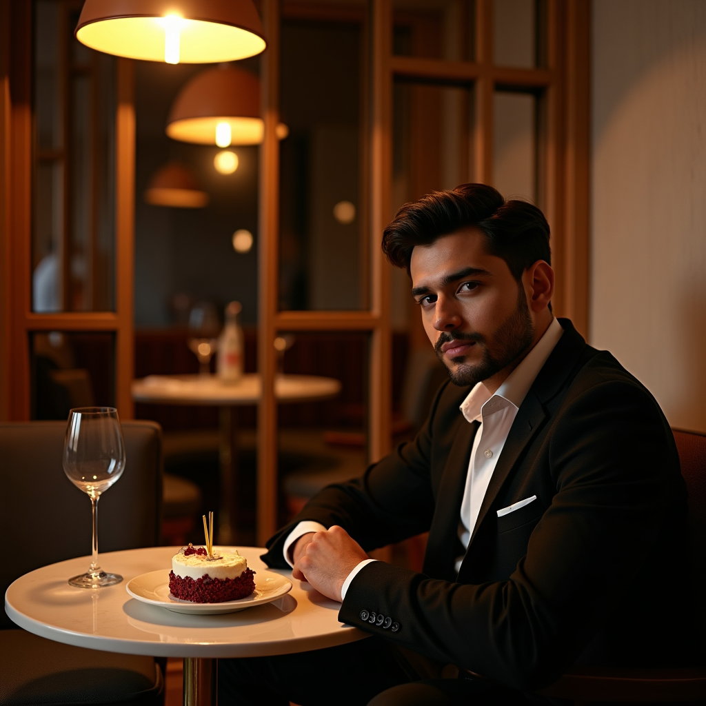Milestone Birthday Portraits That Feel Grown-Up example: Photorealistic portrait photography. Environmental portrait in a stylish hotel bar or upscale restaurant corner, the sub