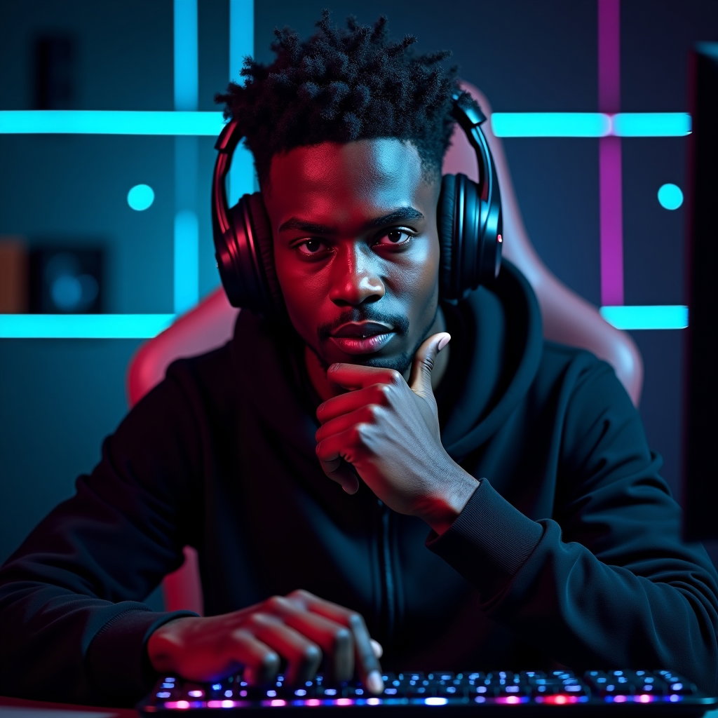 AI-generated photo: Photorealistic gaming portrait photography. Three-quarter view portrait where the subject leans slig...