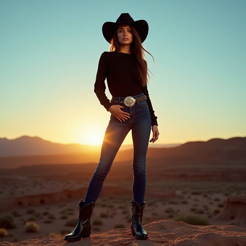 AI-generated photo: Photorealistic fashion photography. An expansive full-body cowboy fashion portrait captured during b...