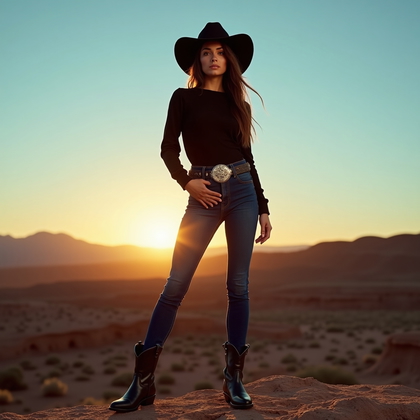 AI-generated photo: Photorealistic fashion photography. An expansive full-body cowboy fashion portrait captured during b...