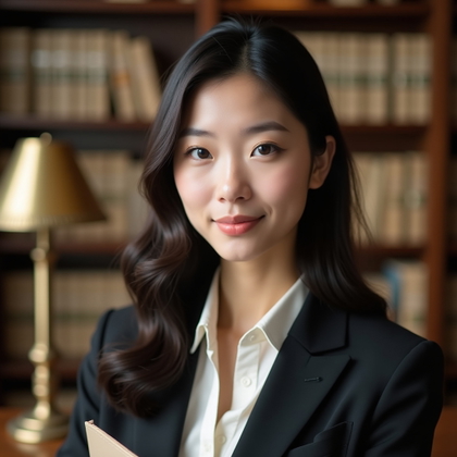 Professional headshot photograph. Close-up portrait in a quiet corporate resource library, with neutral binders and a brass reading lamp softly blurred behind the subject for a polished advisory feel. The subject faces the viewer with a measured, attentive expression, a closed portfolio just visible at the lower edge, refined business attire, warm directional lighting, charcoal and cream tones, crisp facial focus, and a clean vertical composition.