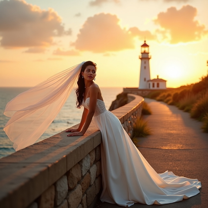 AI-generated photo: Photorealistic wedding photography: coastal cliff promenade near a white lighthouse at sunset, wind ...