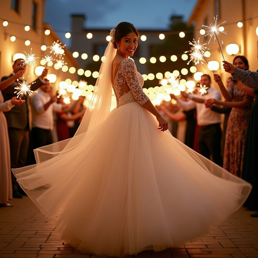 AI-generated photo: Photorealistic wedding photography — twilight courtyard during a sparkler exit, string lights overhe...