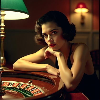 AI-generated photo: 1920s Autochrome color plate speakeasy portrait photograph: at the roulette table, leaning slightly ...