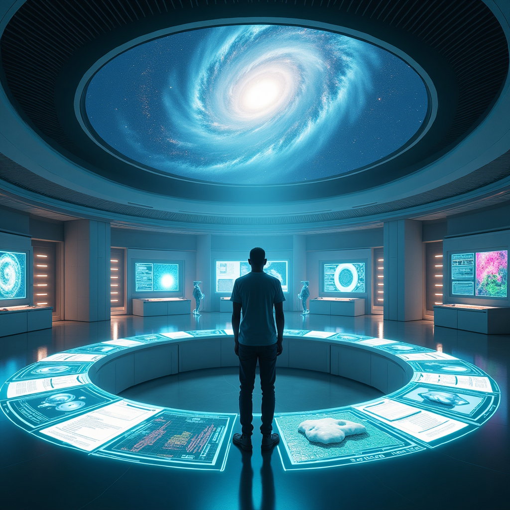 AI-generated photo: Photorealistic immersive scene of a thinker in a cutting-edge deep space research hub, captured in a...