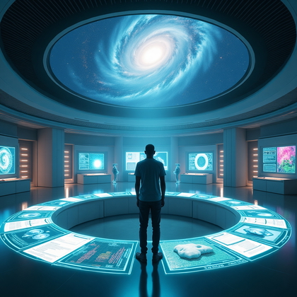 AI-generated photo: Photorealistic immersive scene of a thinker in a cutting-edge deep space research hub, captured in a...