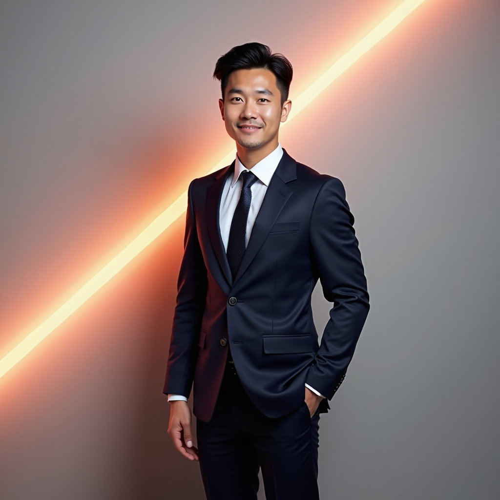 AI-generated photo: Professional headshot. Minimal studio set with a seamless neutral backdrop intersected by a narrow d...