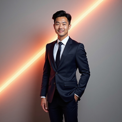 AI-generated photo: Professional headshot. Minimal studio set with a seamless neutral backdrop intersected by a narrow d...