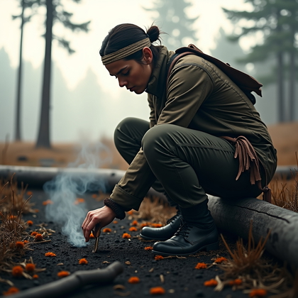 AI-generated photo: Photorealistic photography of a track reader crouch across a soot-dusted pine barrens, the subject p...