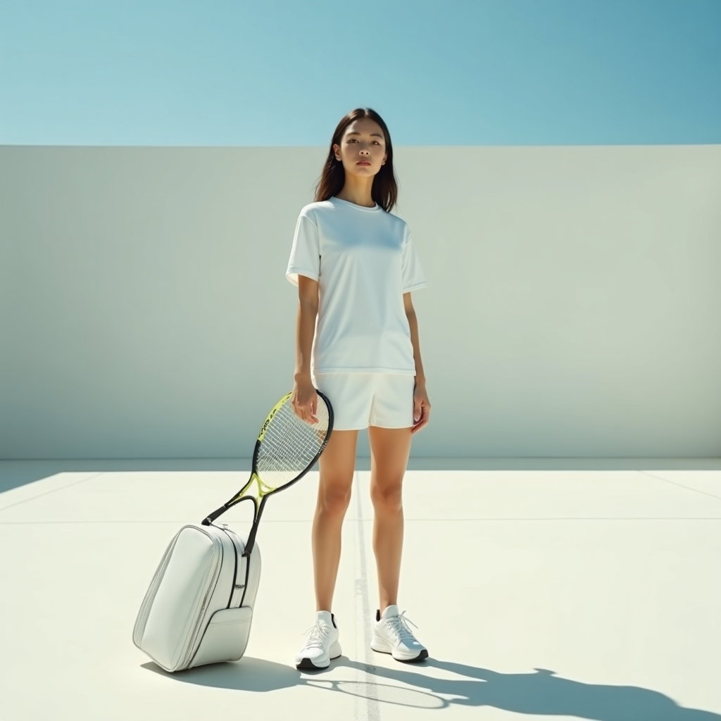 Minimal Clean Girl Tenniscore Portraits example: Photorealistic full-body lifestyle photography of a minimal tenniscore portrait on an empty sunlit court, with the subje