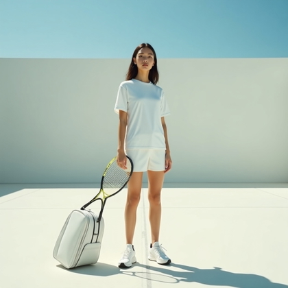 Minimal Clean Girl Tenniscore Portraits example: Photorealistic full-body lifestyle photography of a minimal tenniscore portrait on an empty sunlit court, with the subje
