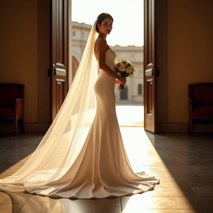 AI-generated photo: Photorealistic wedding photography. Full-length vertical composition at the open doors of a historic...