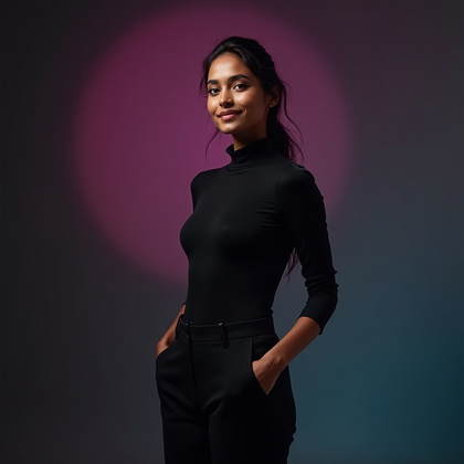 AI-generated photo: Photorealistic studio portrait. The subject stands in a relaxed but confident pose, one hand lightly...