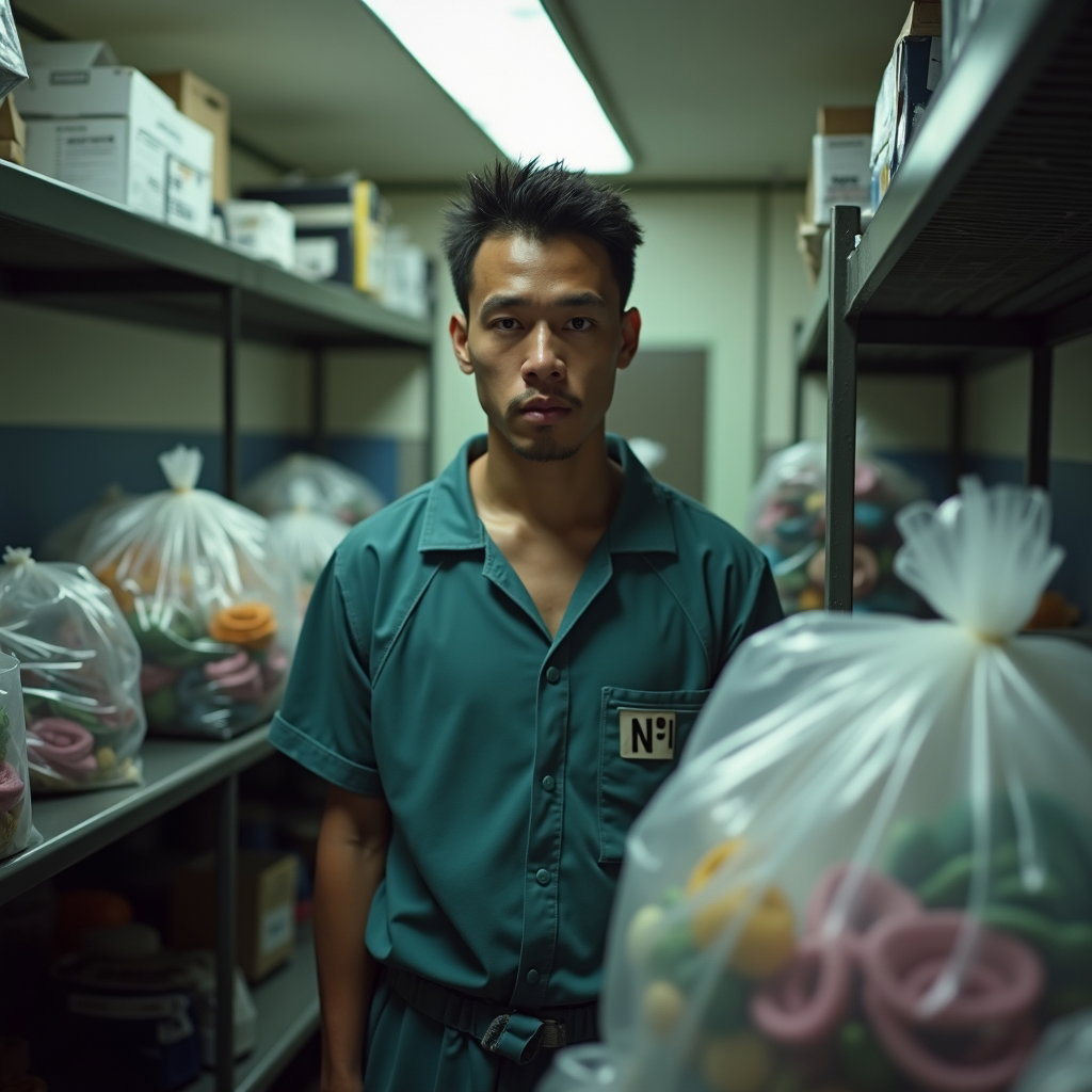 AI-generated photo: Photorealistic documentary-style intake portrait, tight medium-close framing in a cluttered property...
