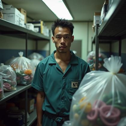 AI-generated photo: Photorealistic documentary-style intake portrait, tight medium-close framing in a cluttered property...